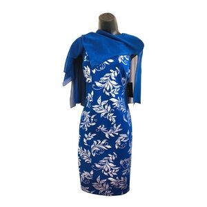 EnFocus studio blue sheer veil cape silver foil print sheath dress size 8P new